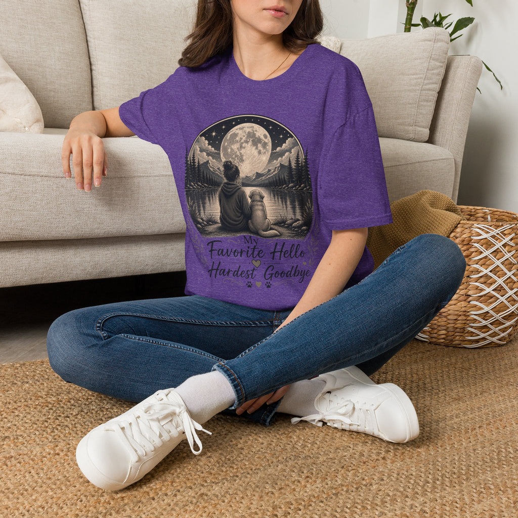 T-Shirt — 'My Favorite Hello, Hardest Goodbye' Moonlit Dog & Kid Scene