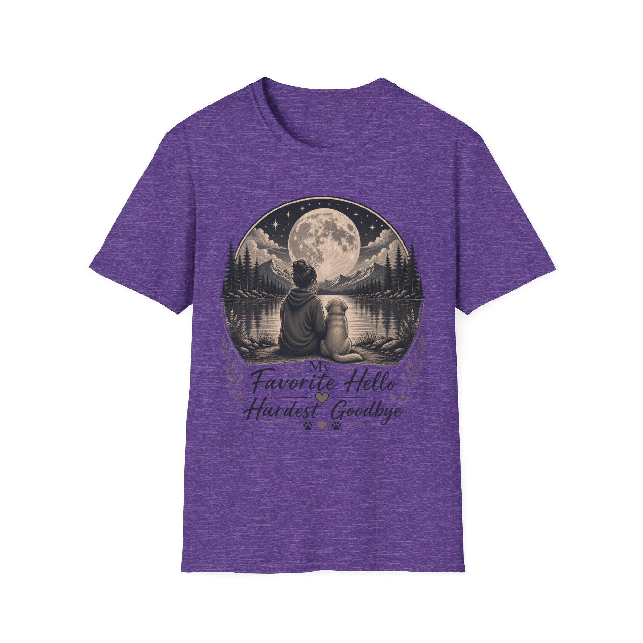 T-Shirt — 'My Favorite Hello, Hardest Goodbye' Moonlit Dog & Kid Scene