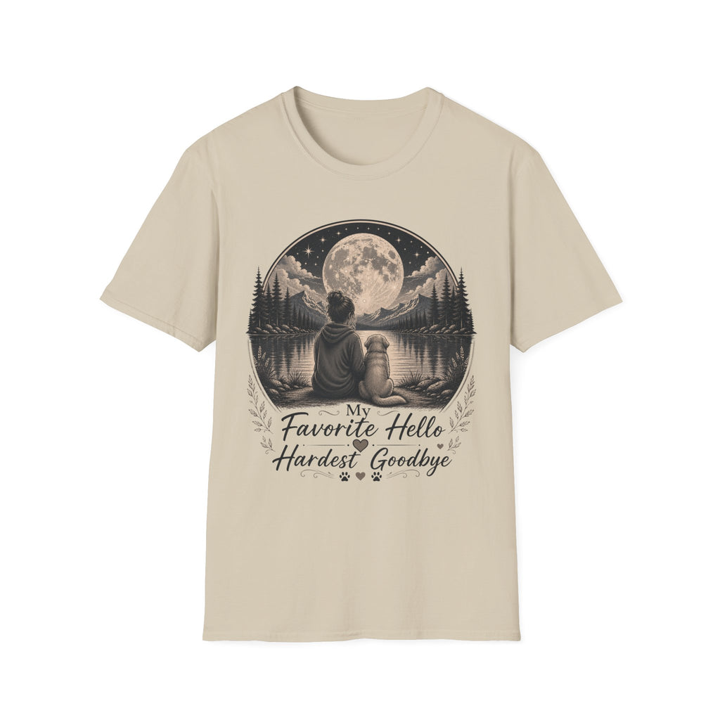 T-Shirt — 'My Favorite Hello, Hardest Goodbye' Moonlit Dog & Kid Scene