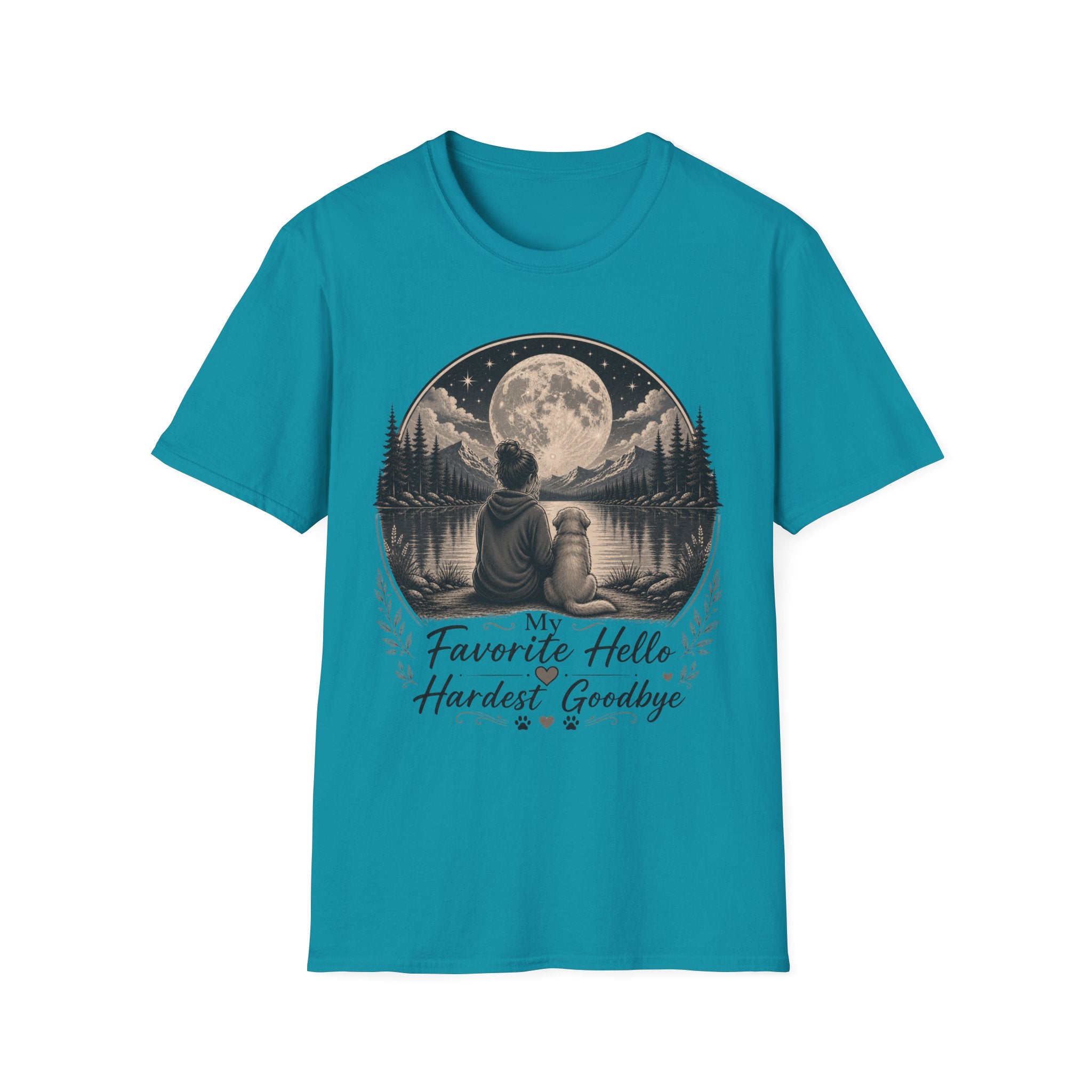 T-Shirt — 'My Favorite Hello, Hardest Goodbye' Moonlit Dog & Kid Scene