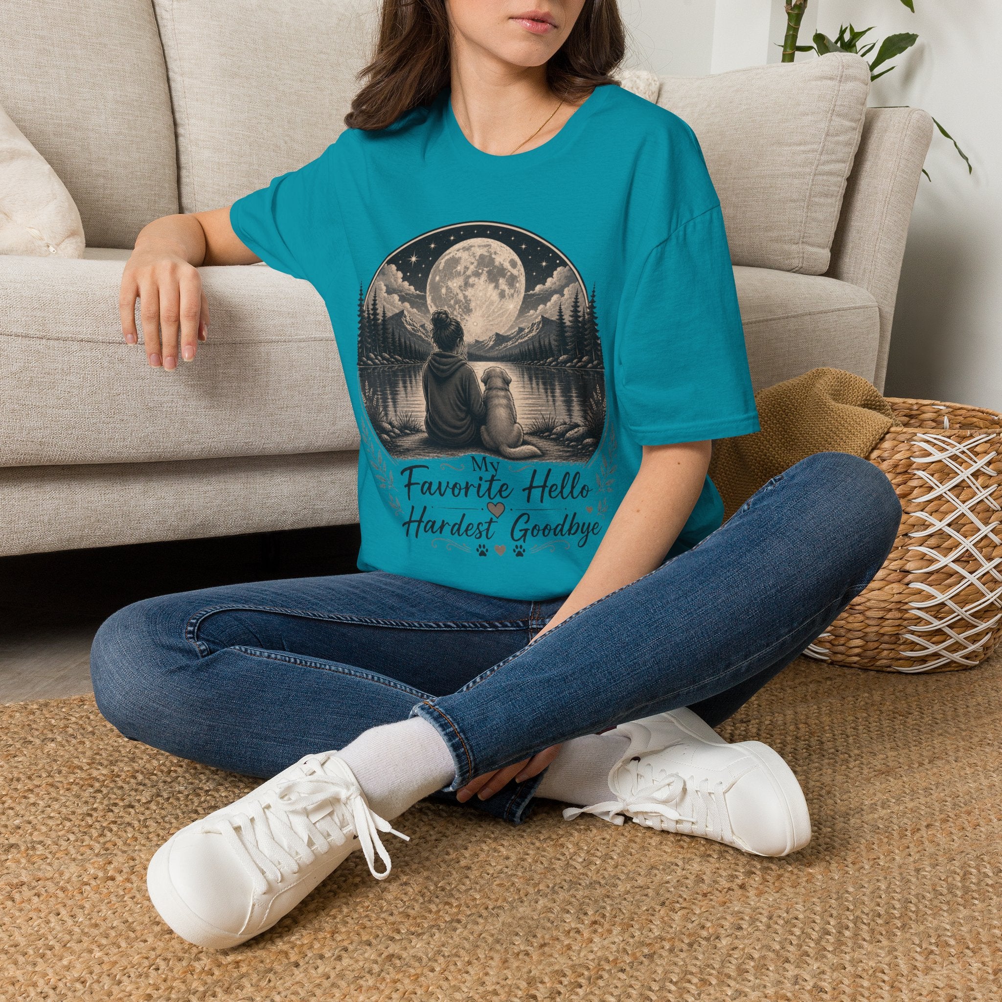 T-Shirt — 'My Favorite Hello, Hardest Goodbye' Moonlit Dog & Kid Scene