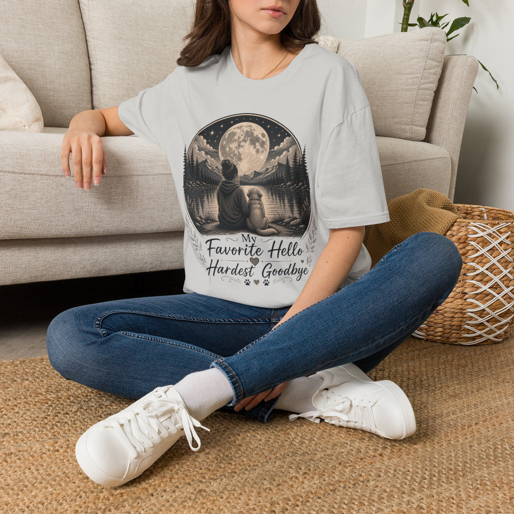T-Shirt — 'My Favorite Hello, Hardest Goodbye' Moonlit Dog & Kid Scene