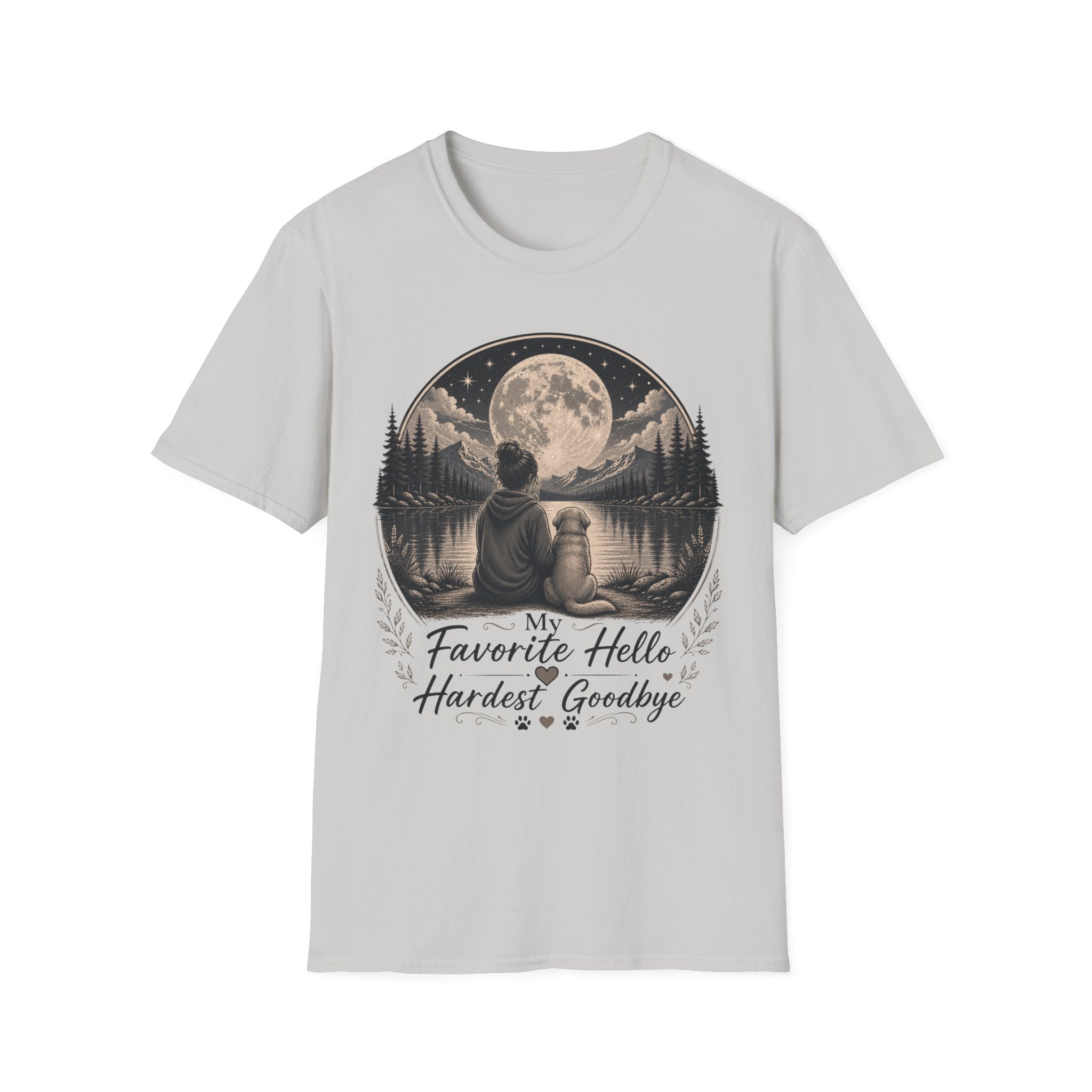 T-Shirt — 'My Favorite Hello, Hardest Goodbye' Moonlit Dog & Kid Scene