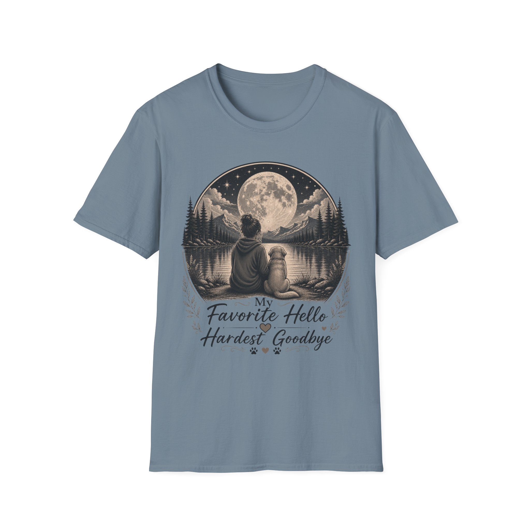 T-Shirt — 'My Favorite Hello, Hardest Goodbye' Moonlit Dog & Kid Scene