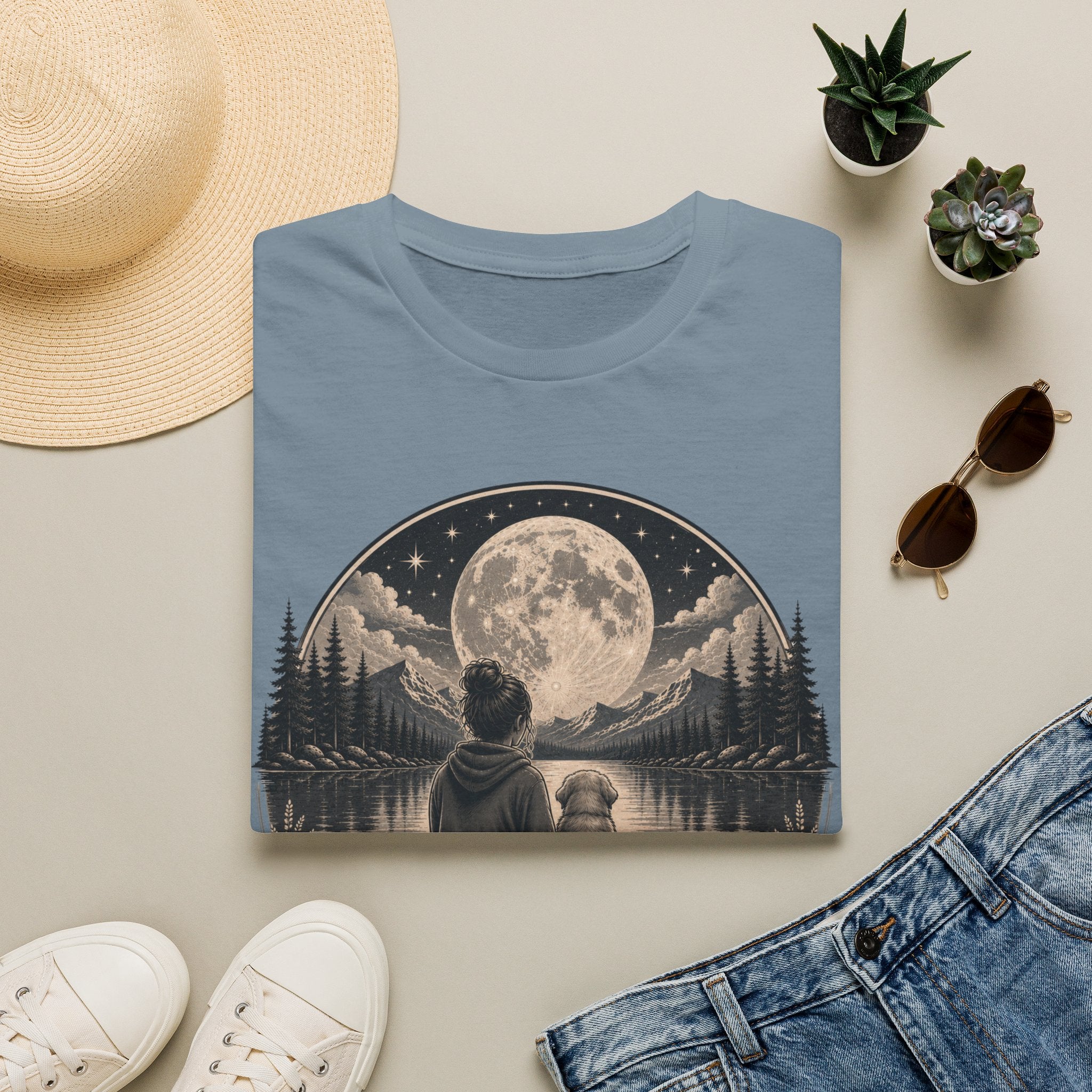 T-Shirt — 'My Favorite Hello, Hardest Goodbye' Moonlit Dog & Kid Scene