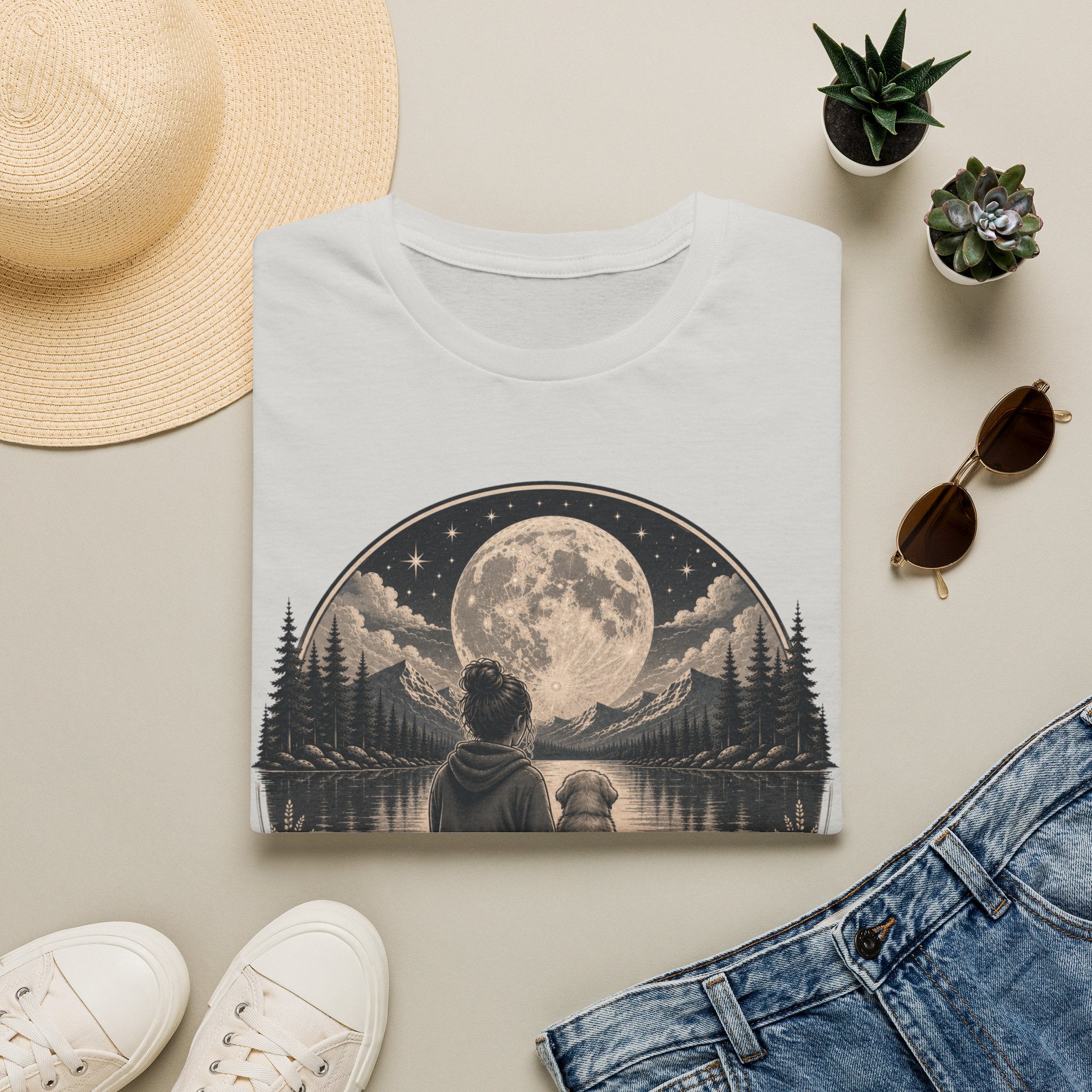 T-Shirt — 'My Favorite Hello, Hardest Goodbye' Moonlit Dog & Kid Scene
