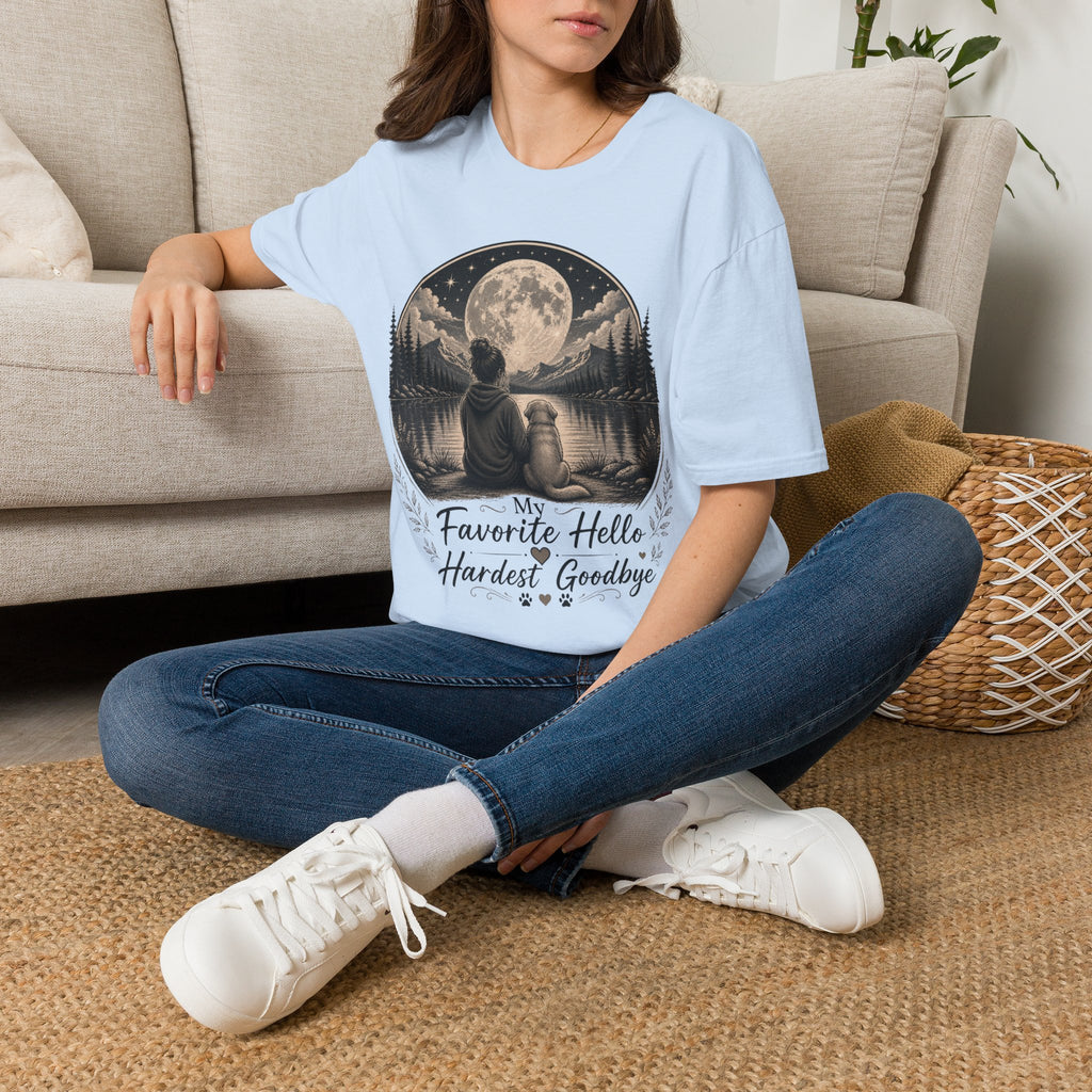 T-Shirt — 'My Favorite Hello, Hardest Goodbye' Moonlit Dog & Kid Scene