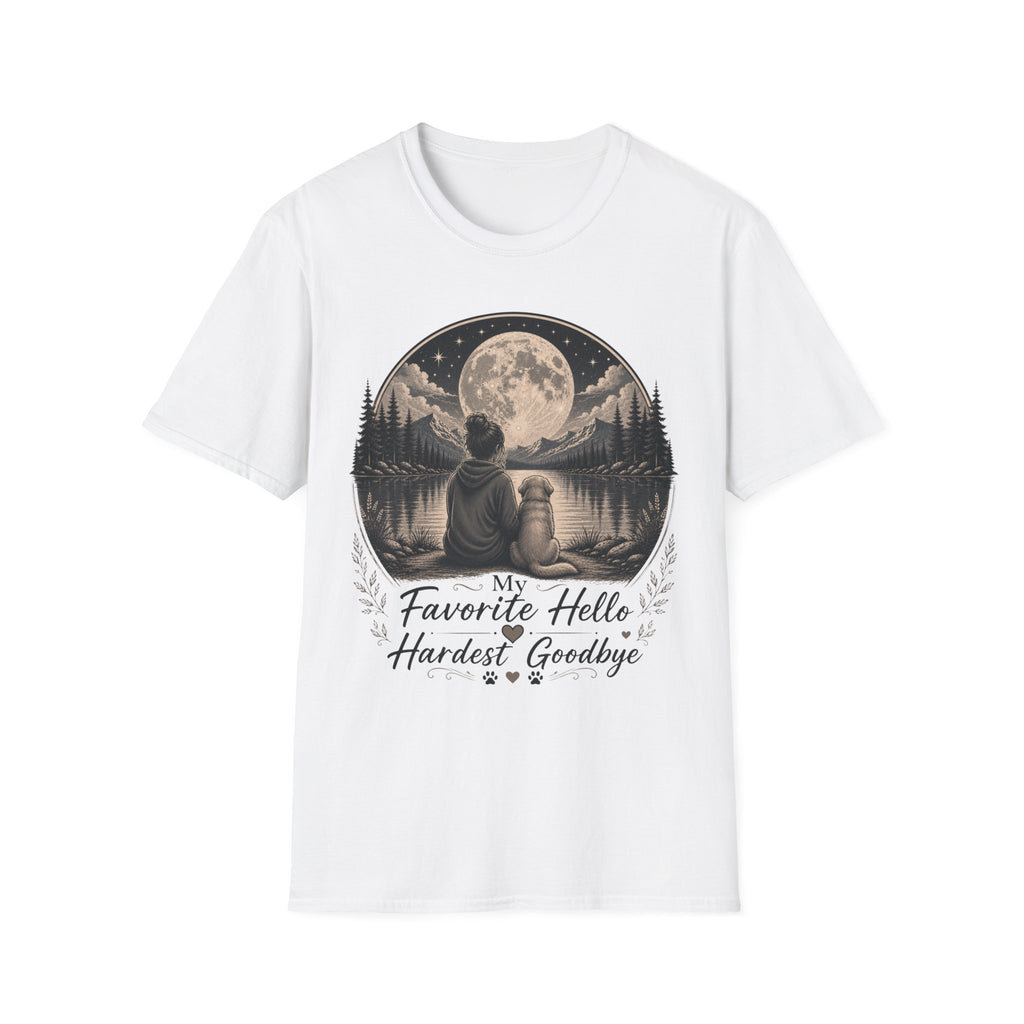 T-Shirt — 'My Favorite Hello, Hardest Goodbye' Moonlit Dog & Kid Scene