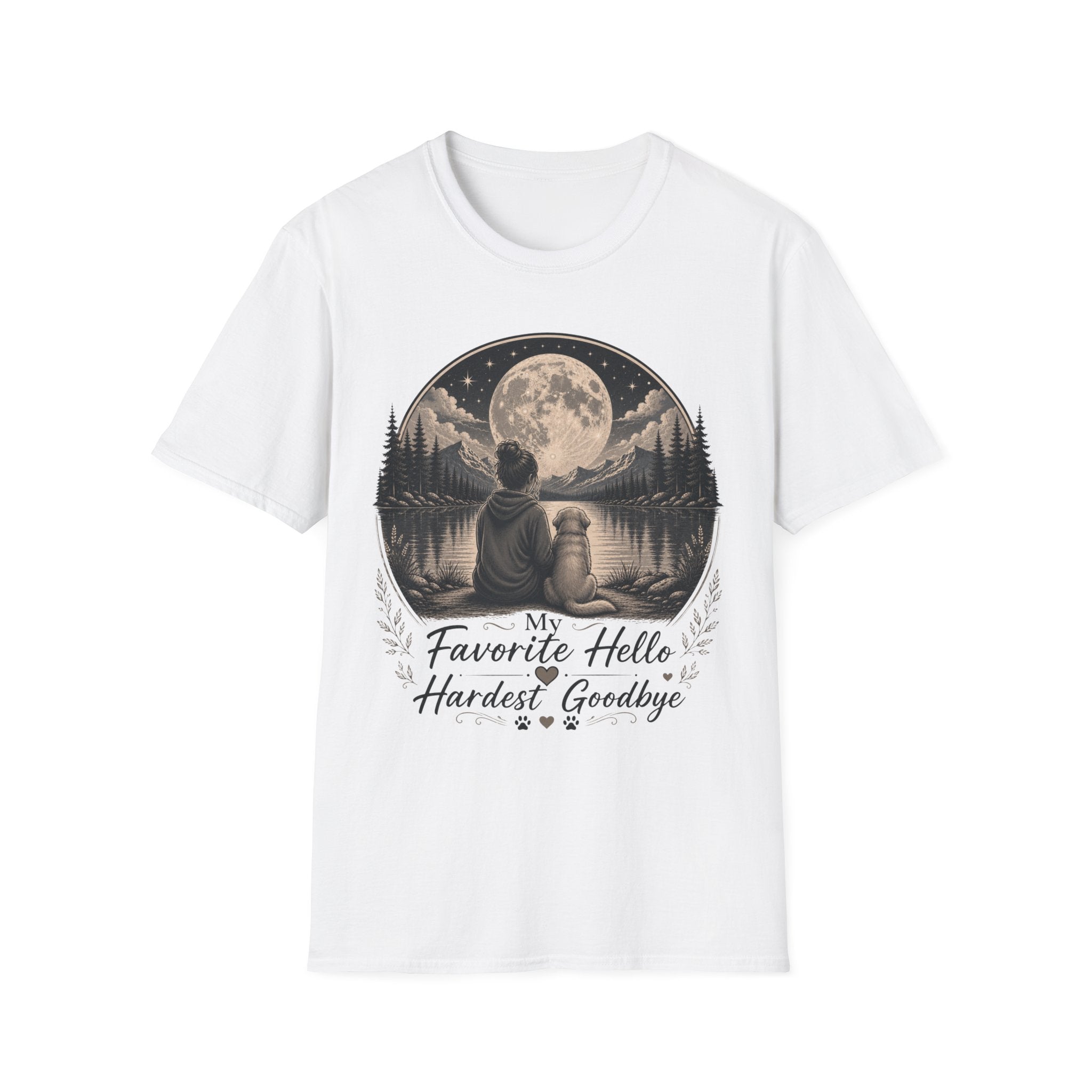 T-Shirt — 'My Favorite Hello, Hardest Goodbye' Moonlit Dog & Kid Scene