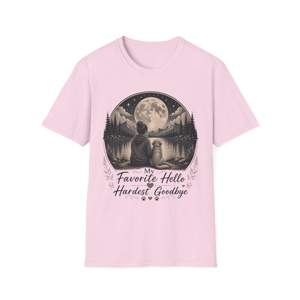 T-Shirt — 'My Favorite Hello, Hardest Goodbye' Moonlit Dog & Kid Scene