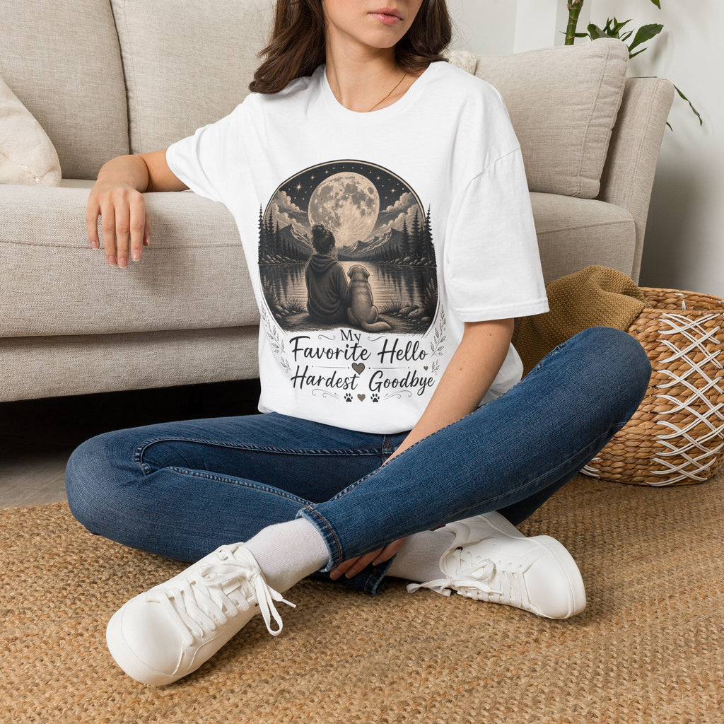 T-Shirt — 'My Favorite Hello, Hardest Goodbye' Moonlit Dog & Kid Scene