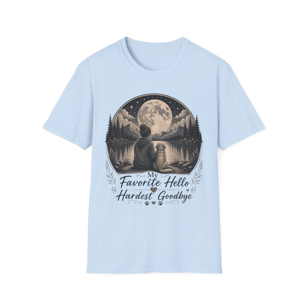 T-Shirt — 'My Favorite Hello, Hardest Goodbye' Moonlit Dog & Kid Scene